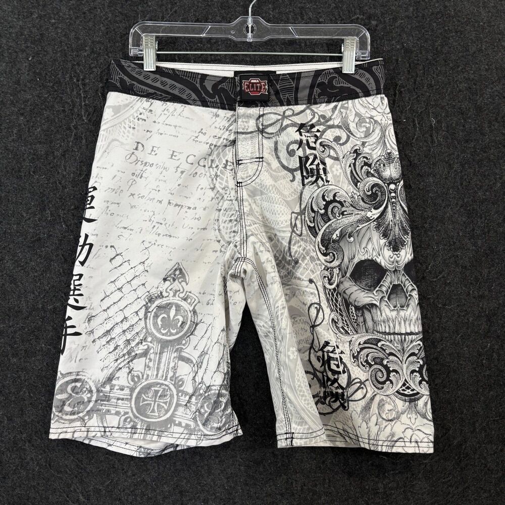 MMA Elite Shorts Men's Small White 12" Skull Graphic MMA Training Fighting
